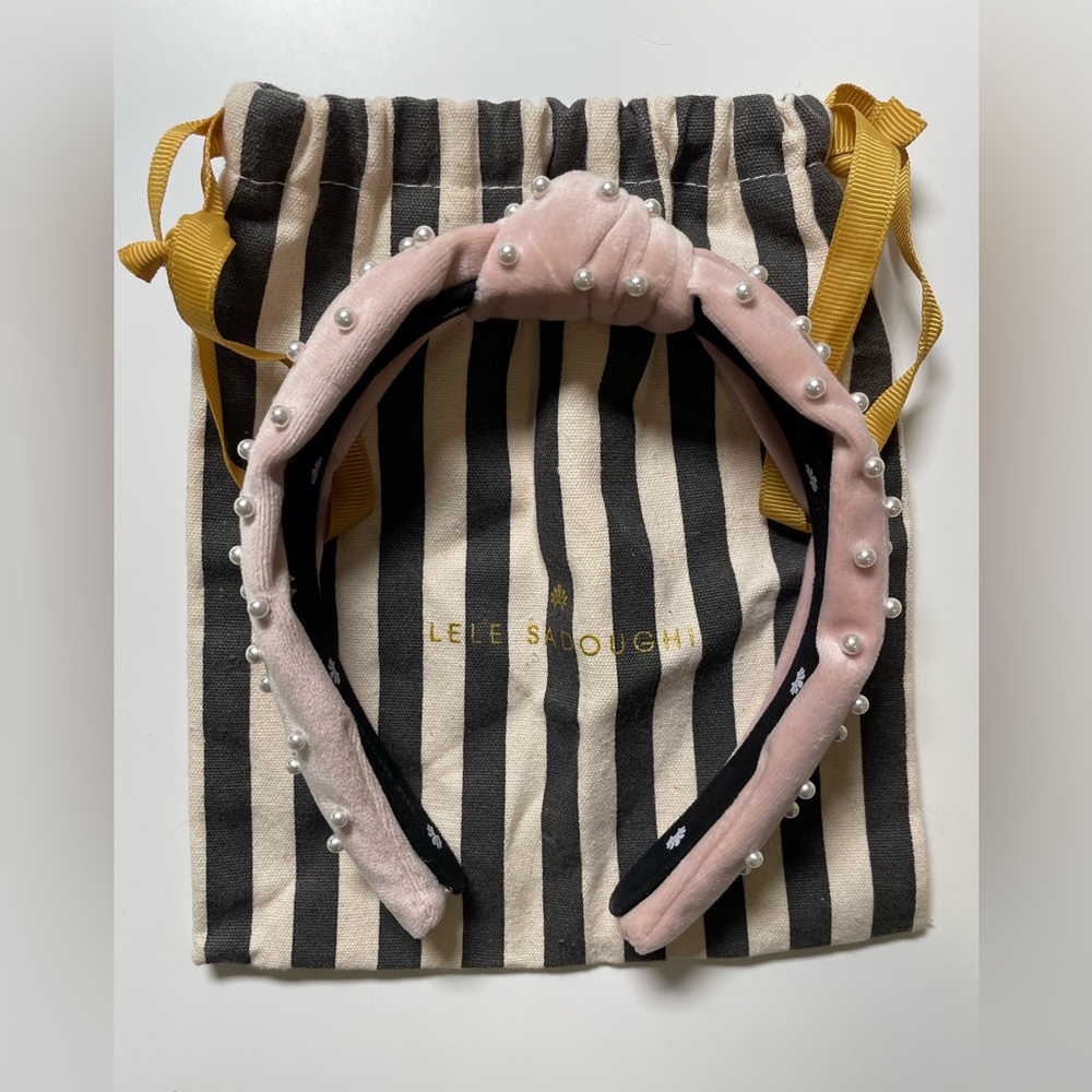 Lele Sadoughi Pink Pearl Velvet Knot Headband Slim Version